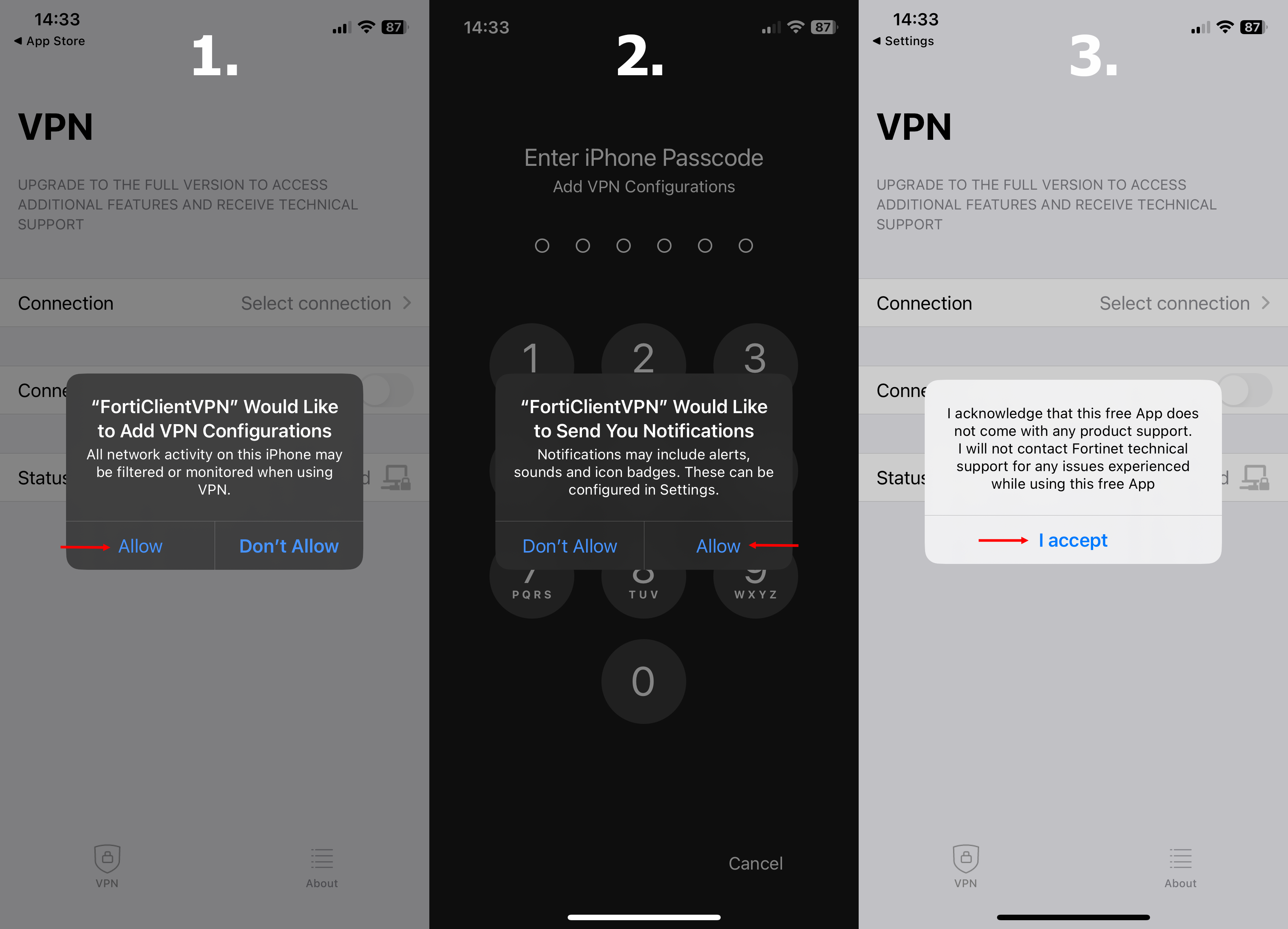 Drei iPhone Screens wo Berechtigungen erteilt werden für Einstellungen und Benachrichtigungen durch FortiCLient.