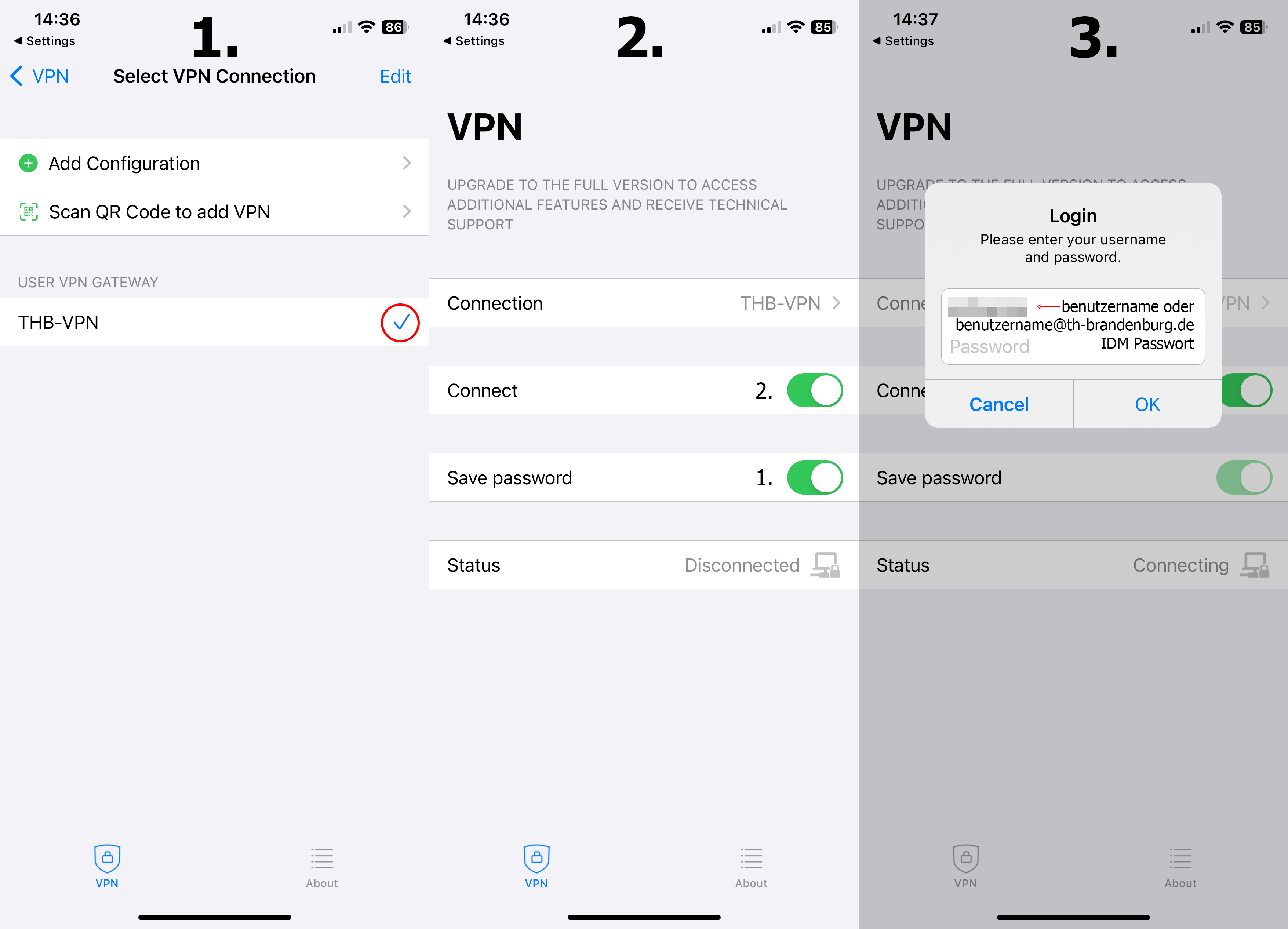 Drei iPhone Screens > Häkchen bei THB-VPN > Verbinden Passwort speichern > Login Daten eingeben