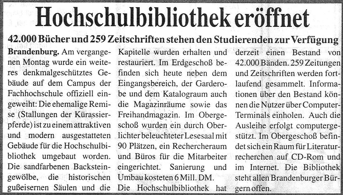 Bild 7: Brandenburg. Wochenblatt 16.10.1996 Eröffnung Hochschulbibliothek